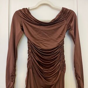 Helmut Lang Brown Ruched Long Sleeve Dress